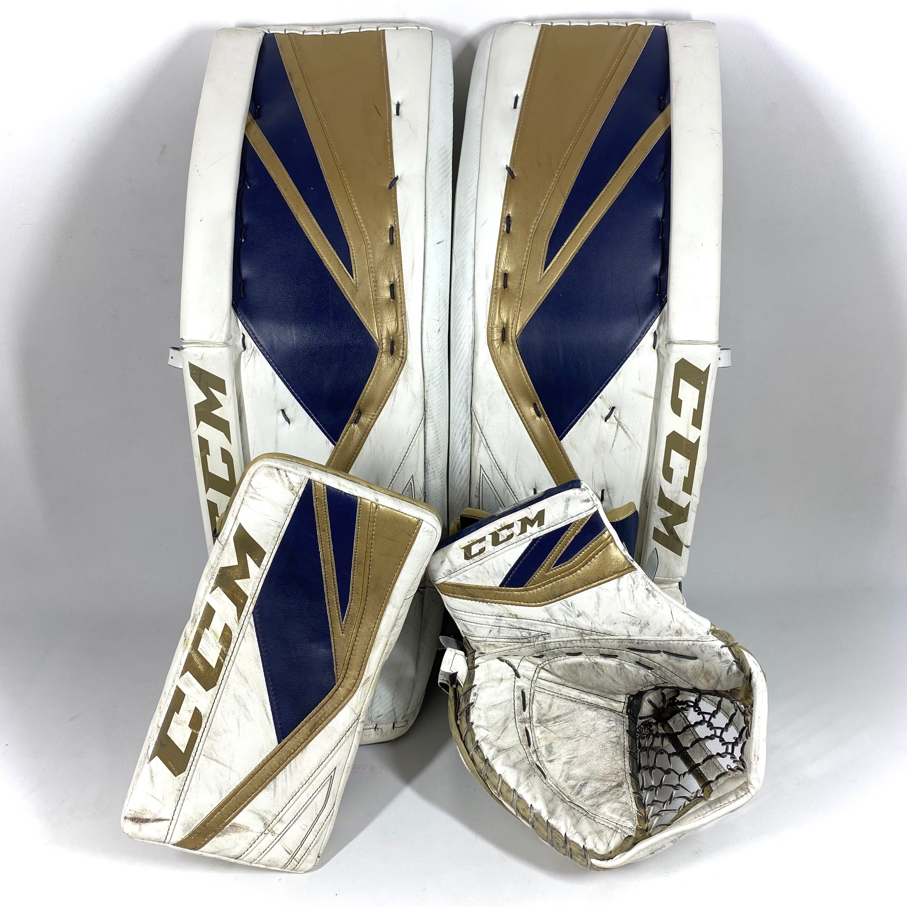 CCM Premier II - Ensemble de gardien de but complet NCAA Pro Stock d'occasion (blanc/or/bleu)